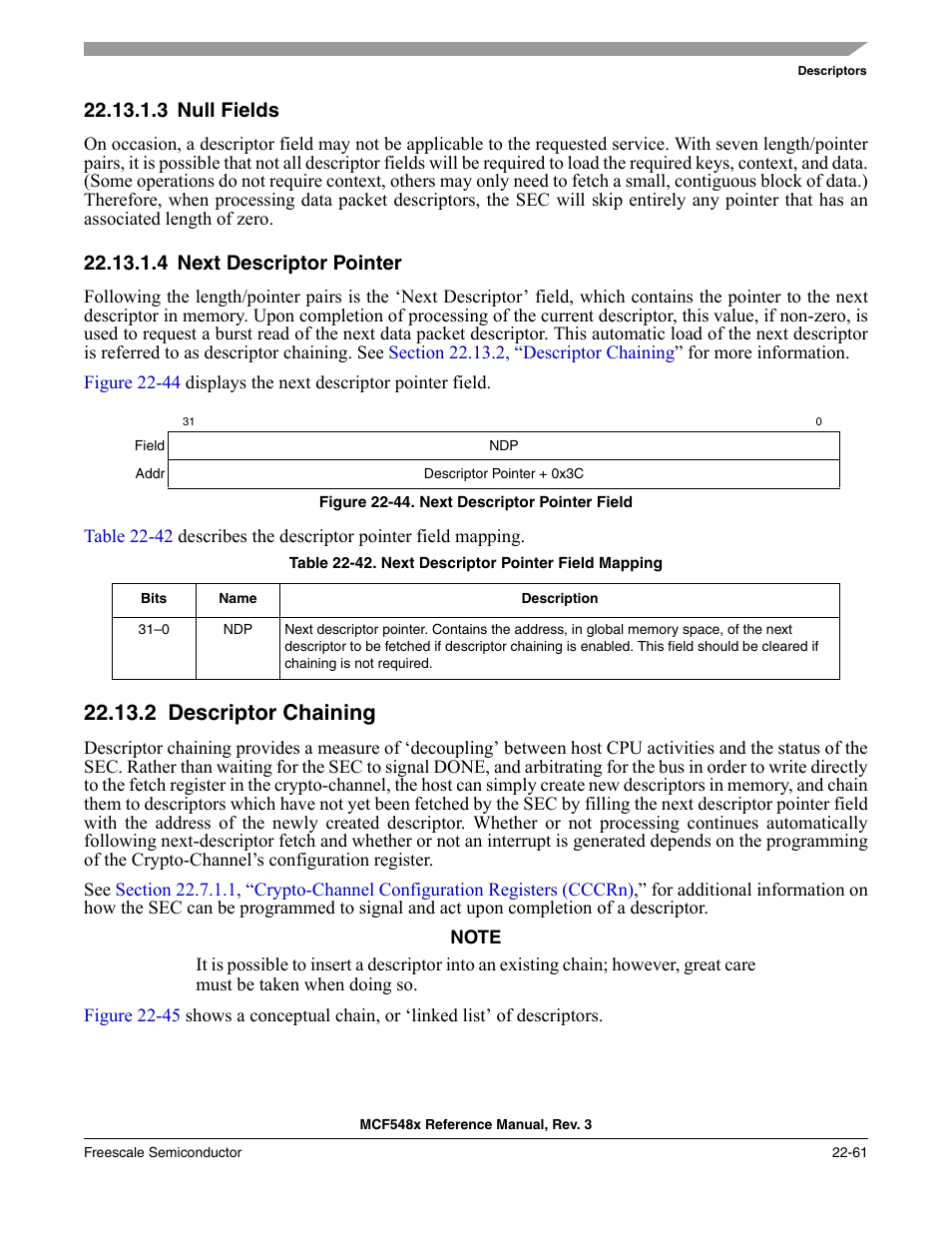 3 null fields, 4 next descriptor pointer, 2 descriptor chaining | Null fields -61, Next descriptor pointer -61, Descriptor chaining -61 | Freescale Semiconductor MCF5480 User Manual | Page 663 / 1032