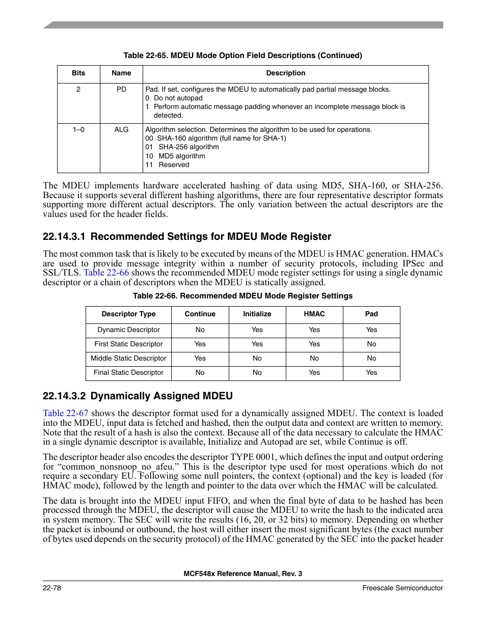 1 recommended settings for mdeu mode register, 2 dynamically assigned mdeu, Recommended settings for mdeu mode register -78 | Dynamically assigned mdeu -78 | Freescale Semiconductor MCF5480 User Manual | Page 680 / 1032