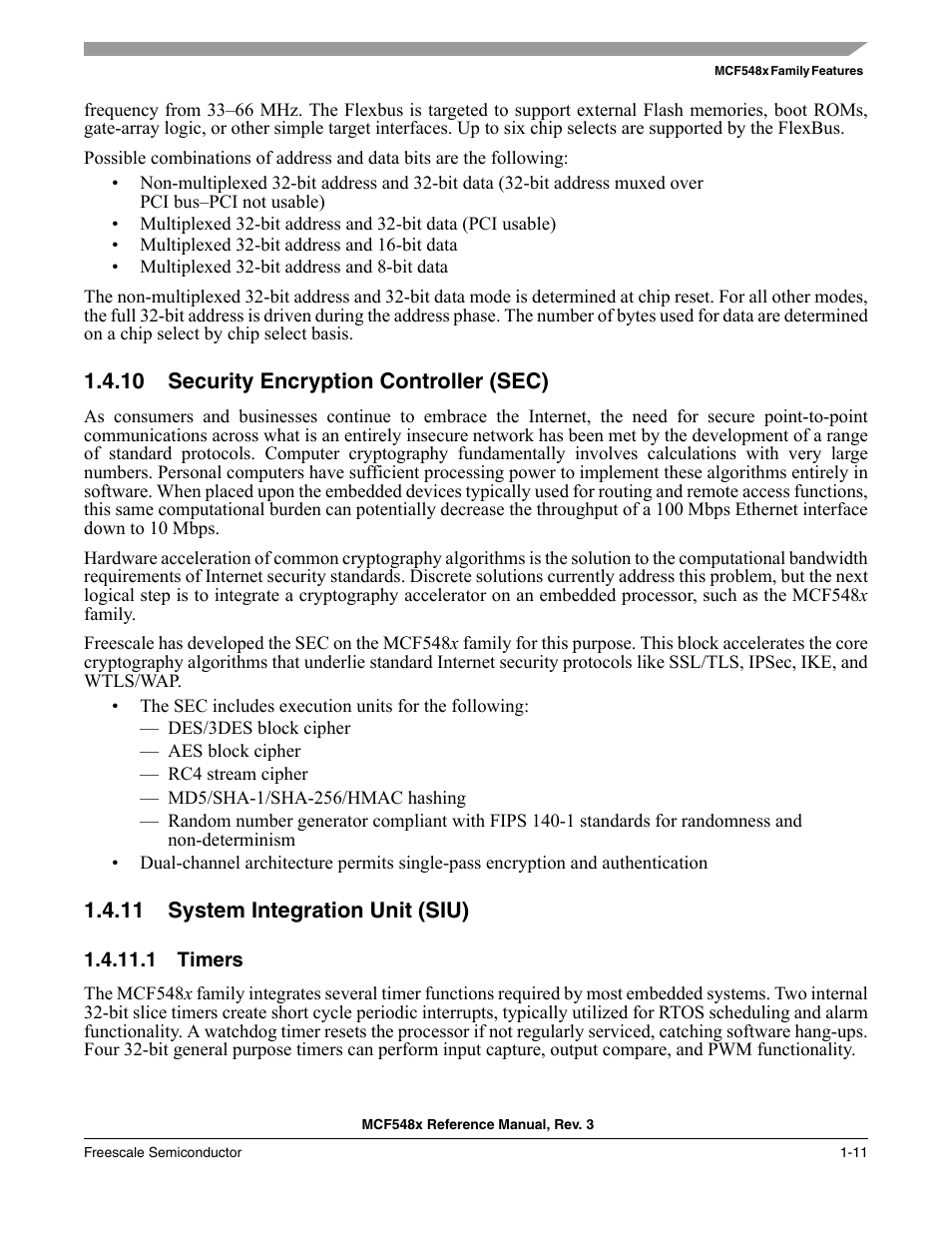 10 security encryption controller (sec), 11 system integration unit (siu), 1 timers | Security encryption controller (sec) -11, System integration unit (siu) -11, Timers -11 | Freescale Semiconductor MCF5480 User Manual | Page 69 / 1032