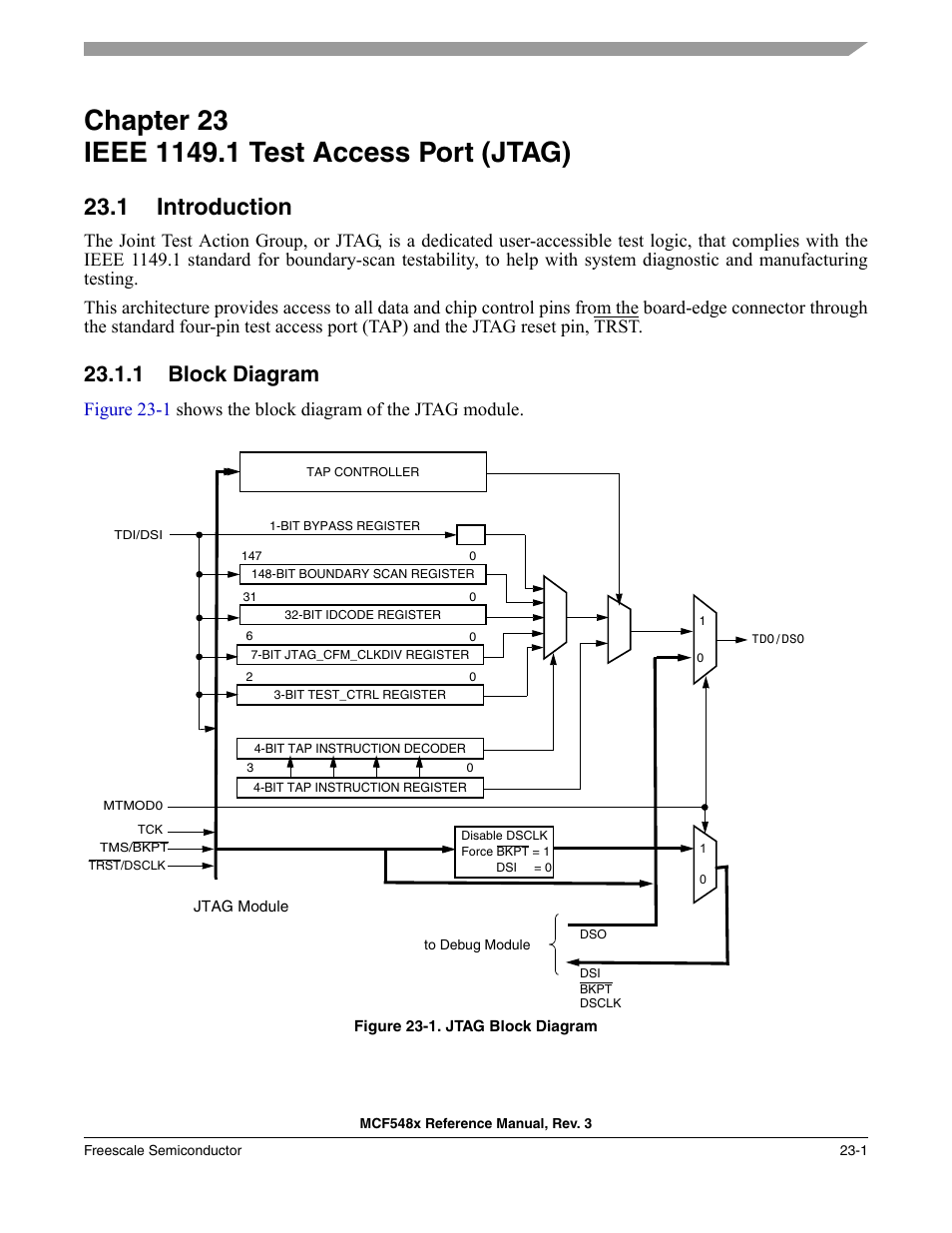 Chapter 23 ieee 1149.1 test access port (jtag), 1 introduction, 1 block diagram | Chapter 23, Ieee 1149.1 test access port (jtag), Introduction -1, Block diagram -1, Chapter 23, “ieee 1149.1 test access port (jtag) | Freescale Semiconductor MCF5480 User Manual | Page 709 / 1032