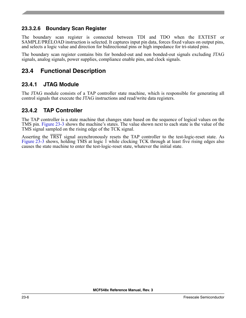 6 boundary scan register, 4 functional description, 1 jtag module | 2 tap controller, Boundary scan register -6, Functional description -6, Jtag module -6, Tap controller -6 | Freescale Semiconductor MCF5480 User Manual | Page 714 / 1032