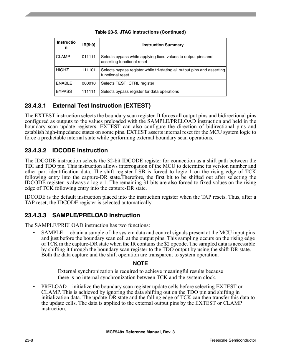 1 external test instruction (extest), 2 idcode instruction, 3 sample/preload instruction | External test instruction (extest) -8, Idcode instruction -8, Sample/preload instruction -8 | Freescale Semiconductor MCF5480 User Manual | Page 716 / 1032