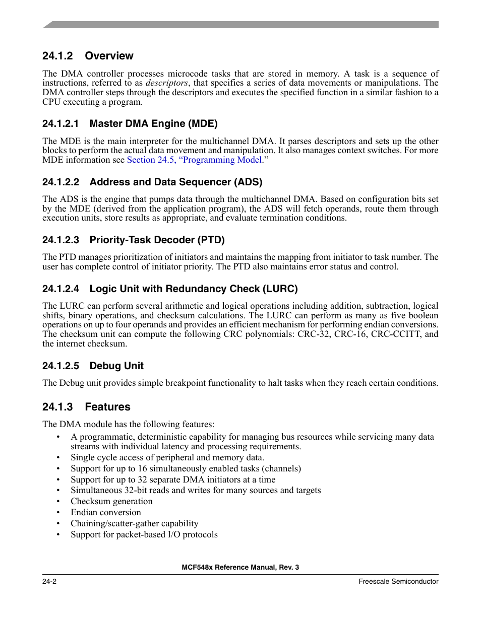 2 overview, 1 master dma engine (mde), 2 address and data sequencer (ads) | 3 priority-task decoder (ptd), 4 logic unit with redundancy check (lurc), 5 debug unit, 3 features, Overview -2, Master dma engine (mde) -2, Address and data sequencer (ads) -2 | Freescale Semiconductor MCF5480 User Manual | Page 722 / 1032