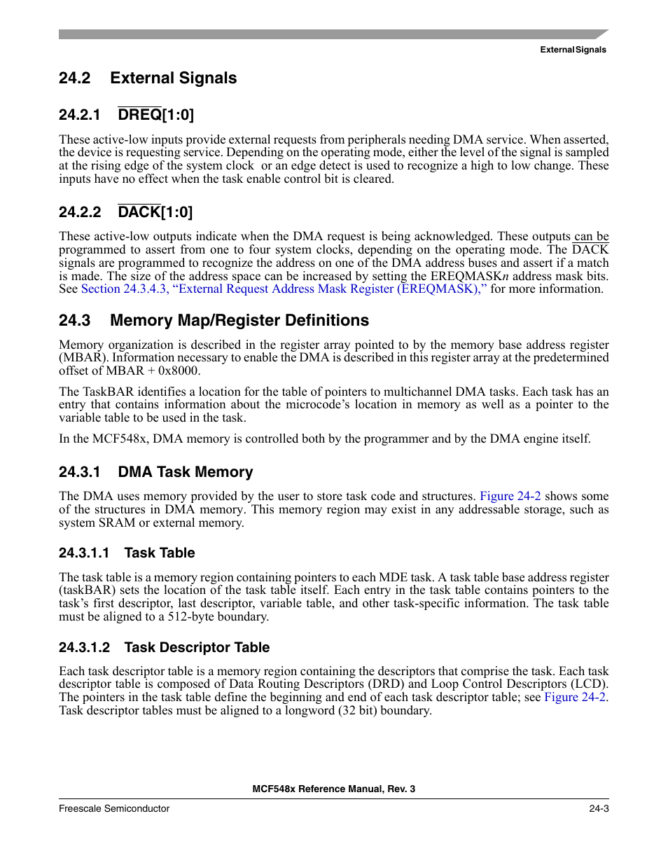 2 external signals, 1 dreq[1:0, 2 dack[1:0 | 3 memory map/register definitions, 1 dma task memory, 1 task table, 2 task descriptor table, External signals -3, Dreq, Dack | Freescale Semiconductor MCF5480 User Manual | Page 723 / 1032