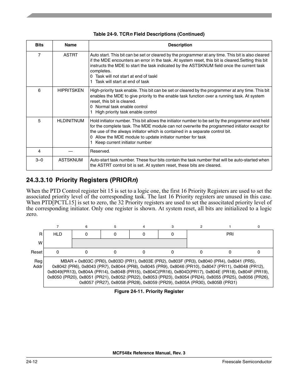 10 priority registers (priorn), Priority registers (priorn) -12, Section 24.3.3.10, “priority registers (priorn) | 10 priority registers (prior n ) | Freescale Semiconductor MCF5480 User Manual | Page 732 / 1032