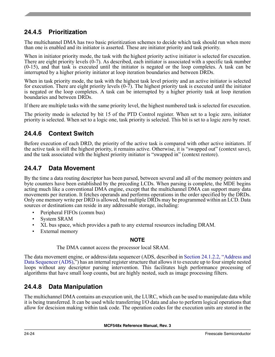 5 prioritization, 6 context switch, 7 data movement | 8 data manipulation, Prioritization -24, Context switch -24, Data movement -24, Data manipulation -24, Section 24.4.5, Prioritization | Freescale Semiconductor MCF5480 User Manual | Page 744 / 1032