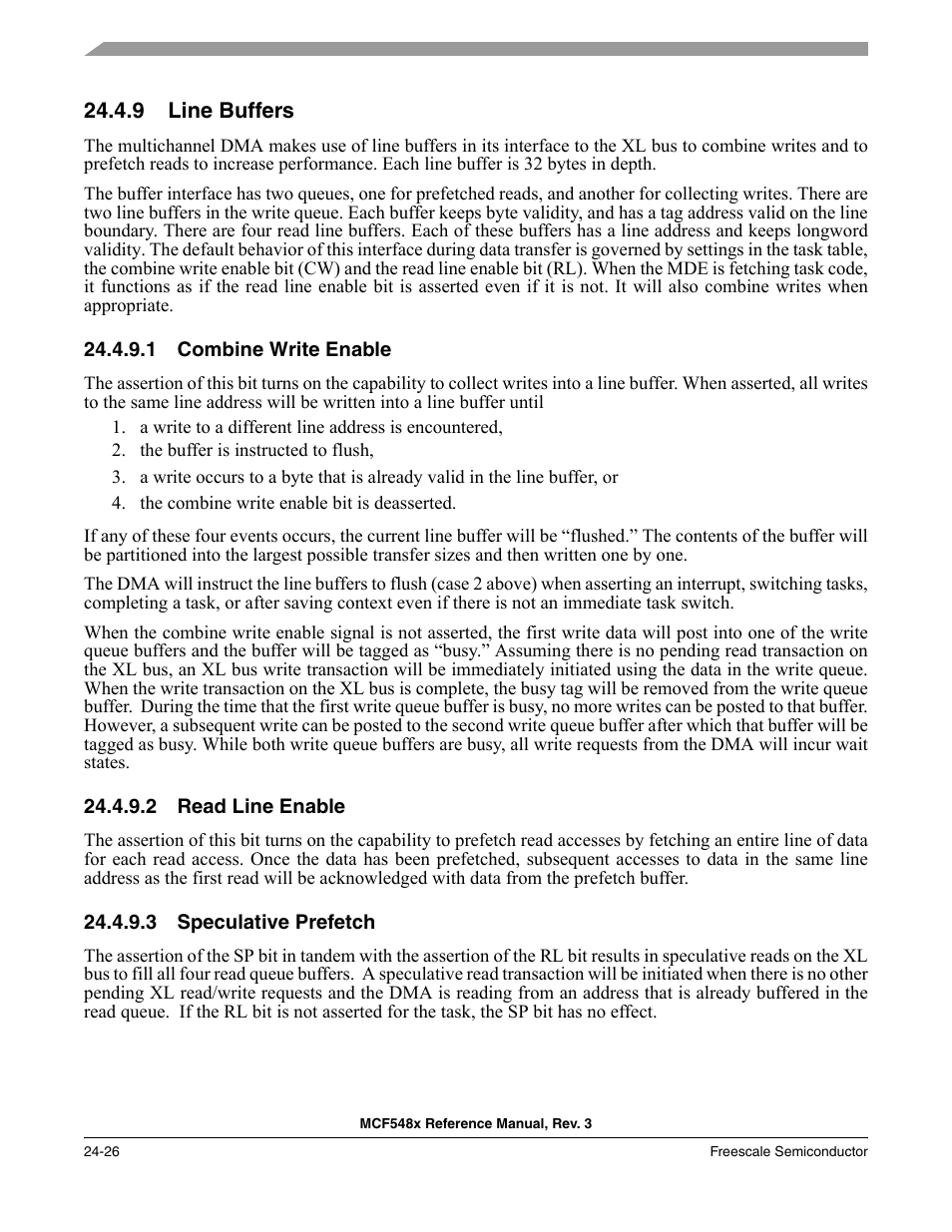 9 line buffers, 1 combine write enable, 2 read line enable | 3 speculative prefetch, Line buffers -26, Combine write enable -26, Read line enable -26, Speculative prefetch -26, Section 24.4.9, “line, Buffers | Freescale Semiconductor MCF5480 User Manual | Page 746 / 1032