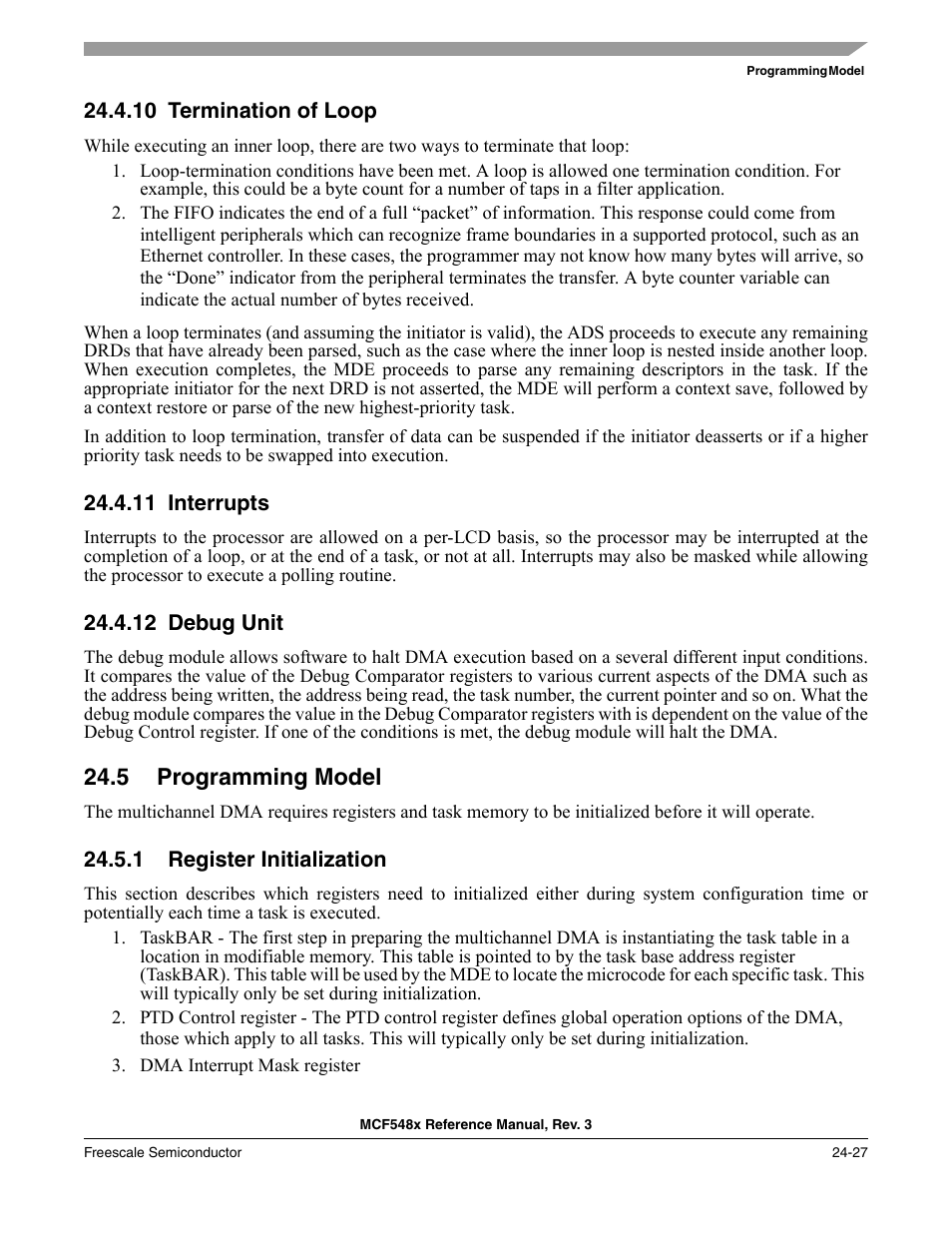 10 termination of loop, 11 interrupts, 12 debug unit | 5 programming model, 1 register initialization, Termination of loop -27, Interrupts -27, Debug unit -27, Programming model -27, Register initialization -27 | Freescale Semiconductor MCF5480 User Manual | Page 747 / 1032