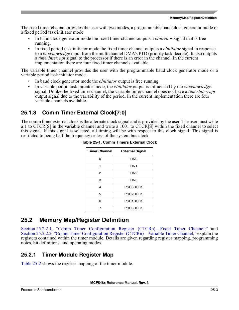 3 comm timer external clock[7:0, 2 memory map/register definition, 1 timer module register map | Comm timer external clock[7:0] -3, Memory map/register definition -3, Timer module register map -3 | Freescale Semiconductor MCF5480 User Manual | Page 755 / 1032