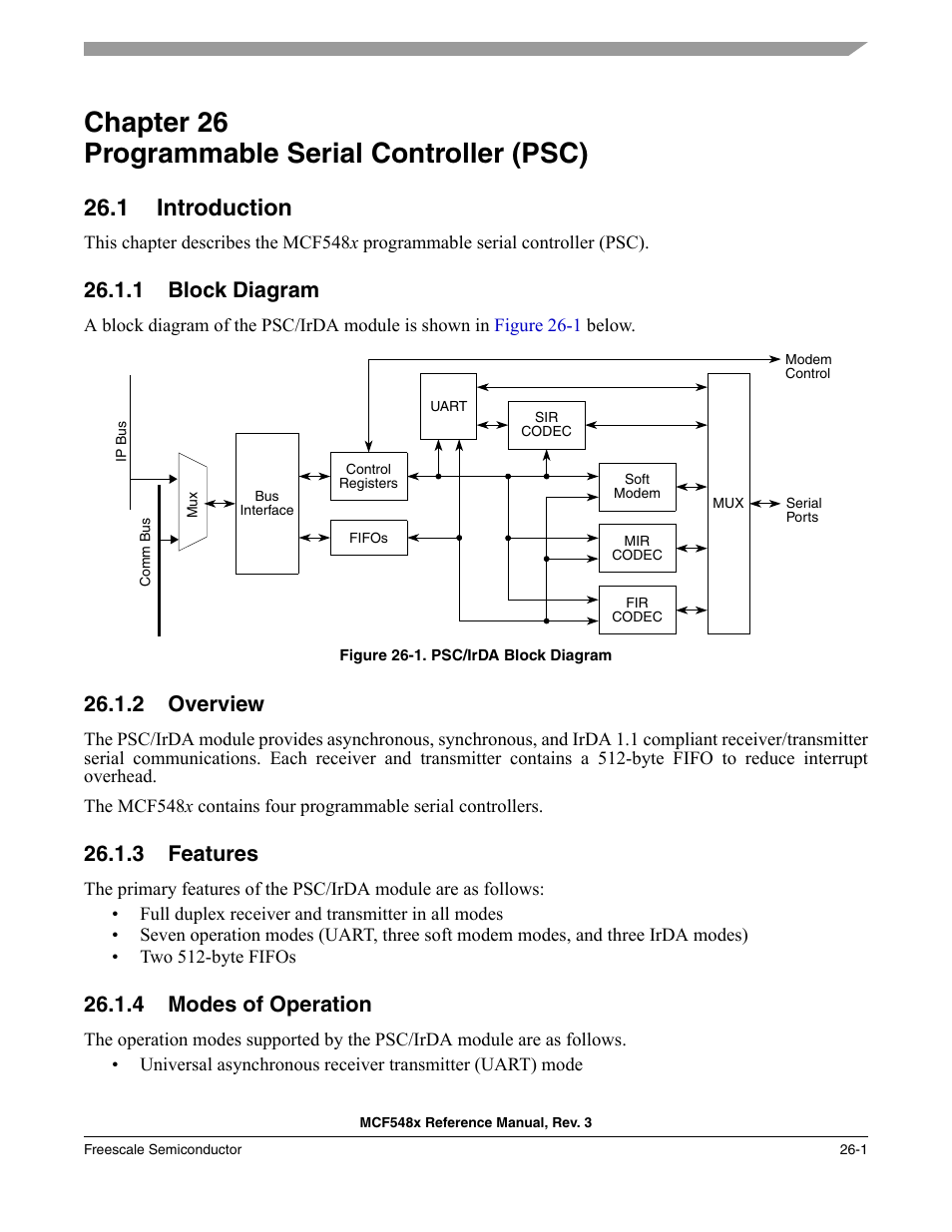 Chapter 26 programmable serial controller (psc), 1 introduction, 1 block diagram | 2 overview, 3 features, 4 modes of operation, Chapter 26, Programmable serial controller (psc), Introduction -1, Block diagram -1 | Freescale Semiconductor MCF5480 User Manual | Page 763 / 1032