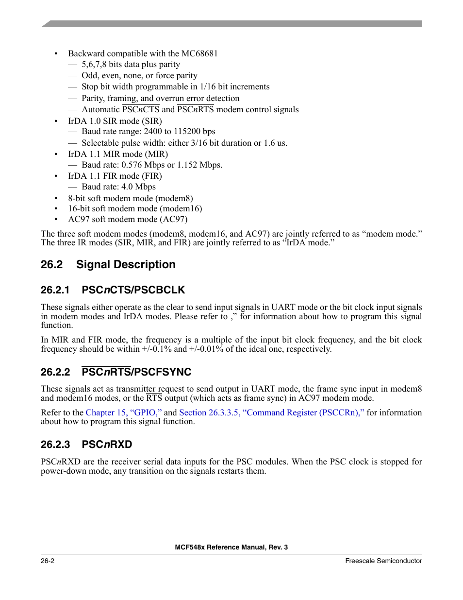 2 signal description, 1 pscncts/pscbclk, 2 pscnrts/pscfsync | 3 pscnrxd, Signal description -2, Pscncts/pscbclk, Pscnrts/pscfsync, Pscnrxd | Freescale Semiconductor MCF5480 User Manual | Page 764 / 1032