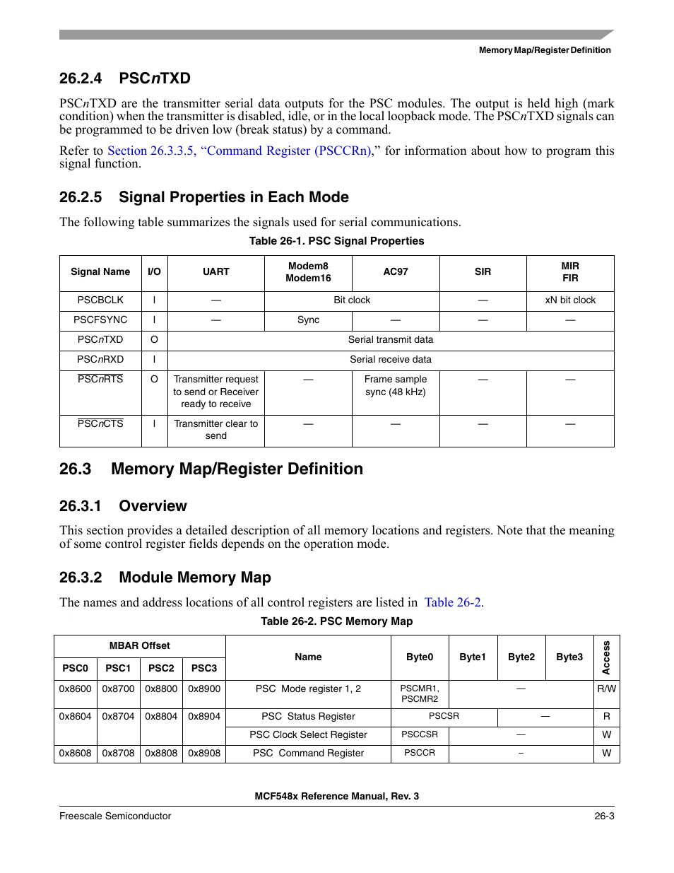 4 pscntxd, 5 signal properties in each mode, 3 memory map/register definition | 1 overview, 2 module memory map, Pscntxd, Signal properties in each mode -3, Memory map/register definition -3, Overview -3, Module memory map -3 | Freescale Semiconductor MCF5480 User Manual | Page 765 / 1032