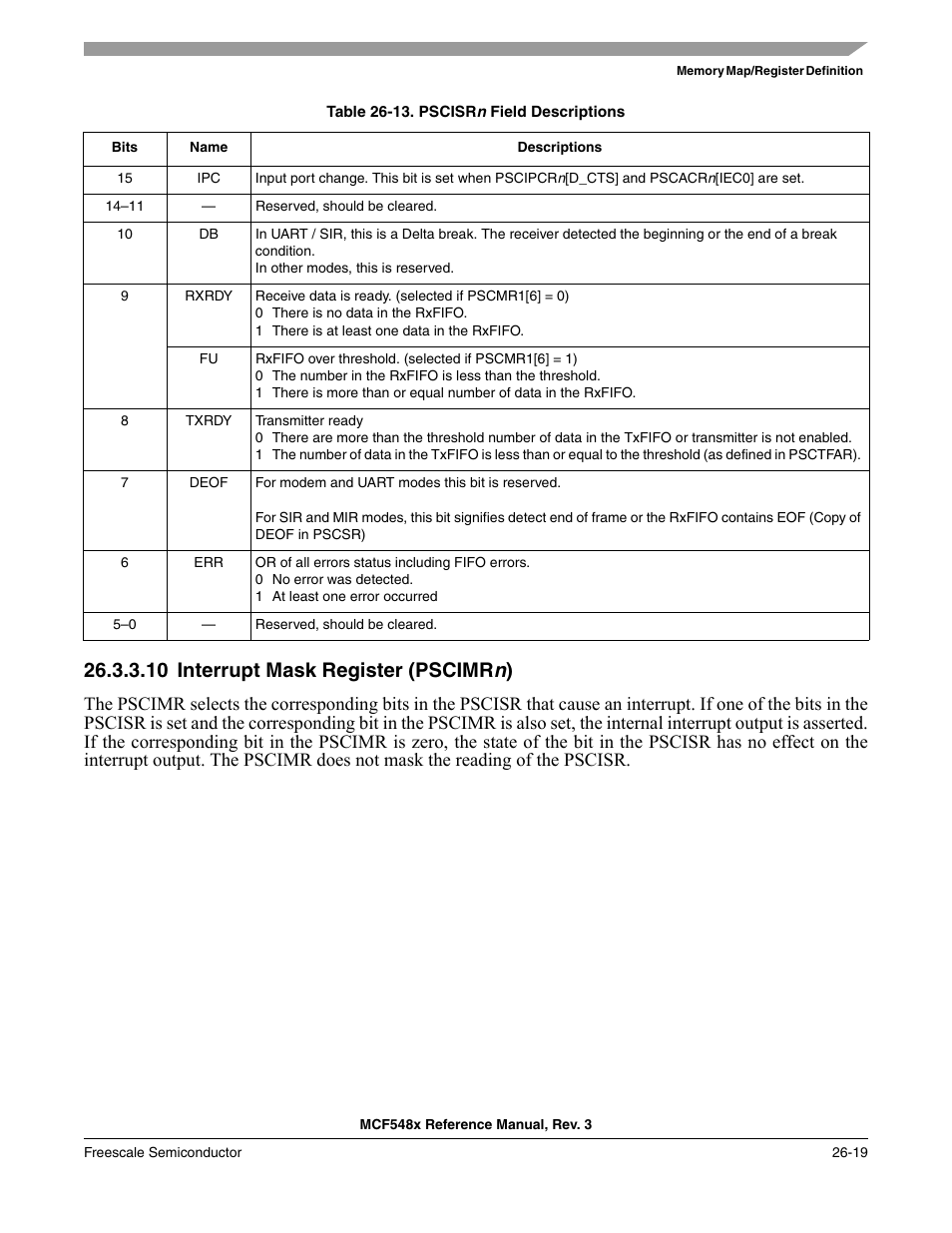 10 interrupt mask register (pscimrn), Interrupt mask register (pscimrn) -19, Table 26-13/26-19 | 10 interrupt mask register (pscimr n ) | Freescale Semiconductor MCF5480 User Manual | Page 781 / 1032