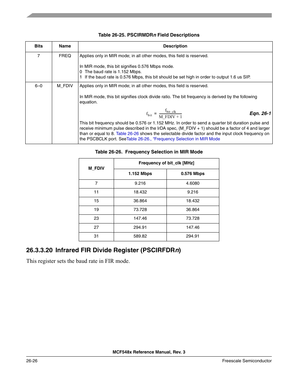 20 infrared fir divide register (pscirfdrn), Infrared fir divide register (pscirfdrn) -26, 20 infrared fir divide register (pscirfdr n ) | This register sets the baud rate in fir mode | Freescale Semiconductor MCF5480 User Manual | Page 788 / 1032