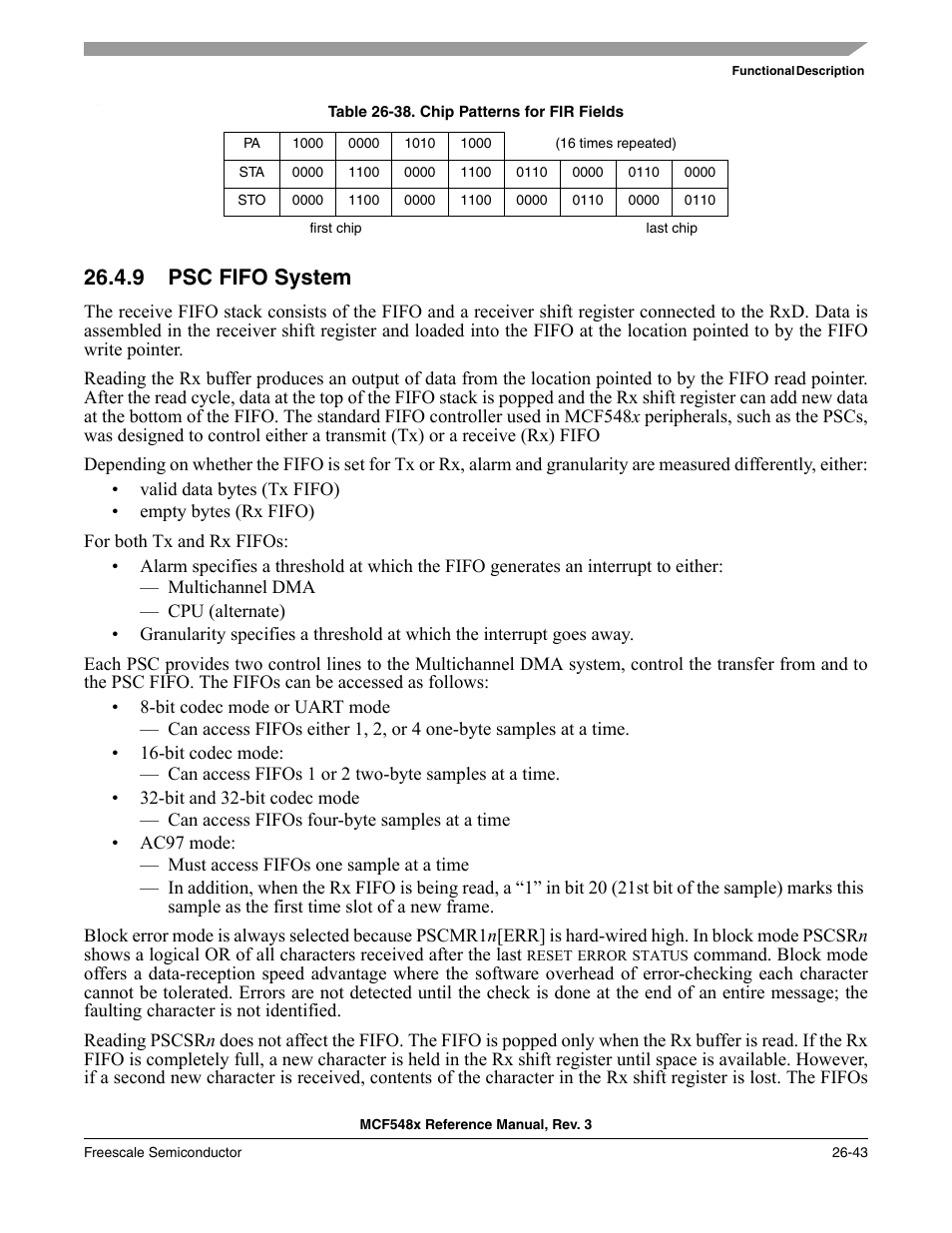 9 psc fifo system, Psc fifo system -43, Table 26-38 | Freescale Semiconductor MCF5480 User Manual | Page 805 / 1032