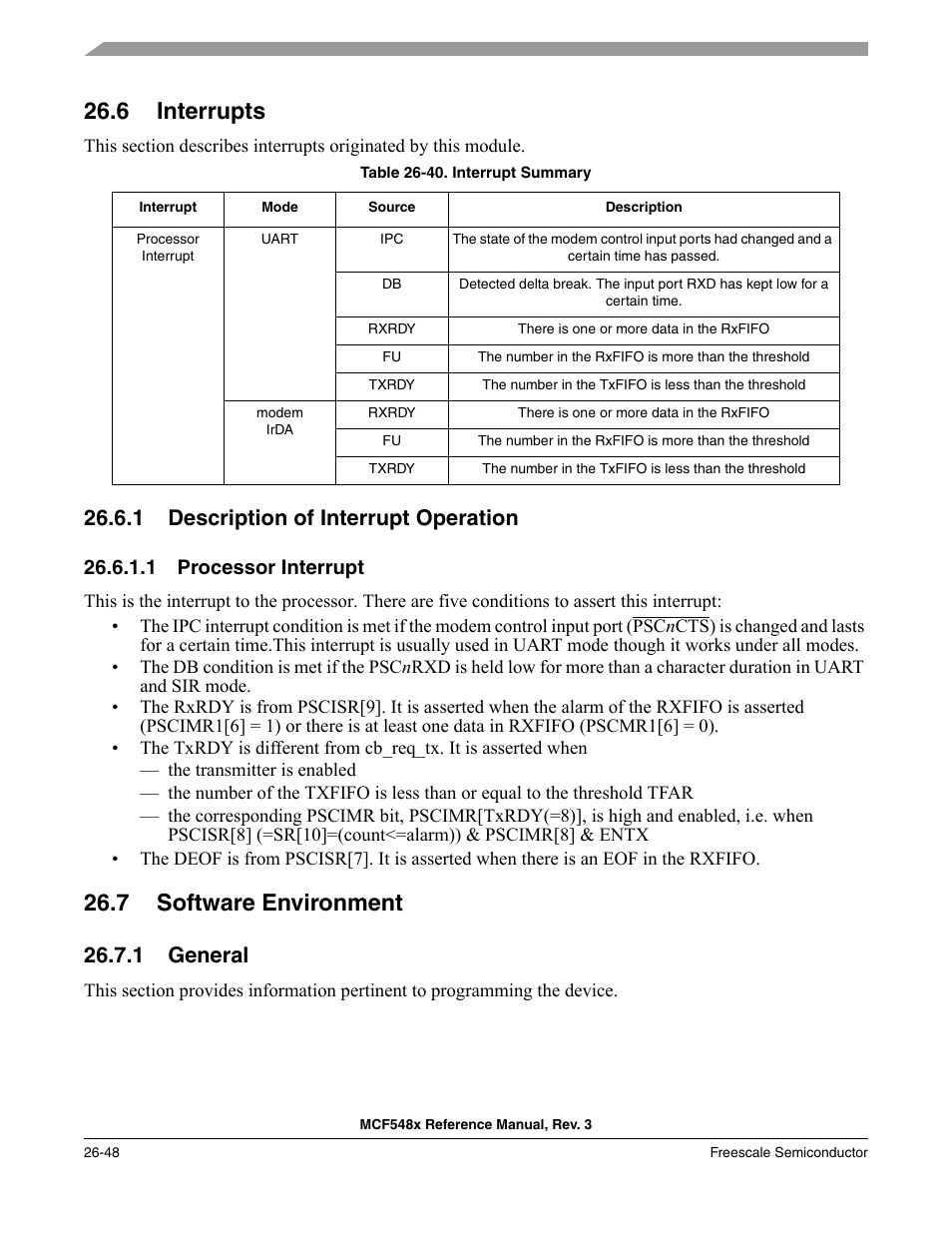 6 interrupts, 1 description of interrupt operation, 1 processor interrupt | 7 software environment, 1 general, Interrupts -48, Description of interrupt operation -48, Processor interrupt -48, Software environment -48, General -48 | Freescale Semiconductor MCF5480 User Manual | Page 810 / 1032