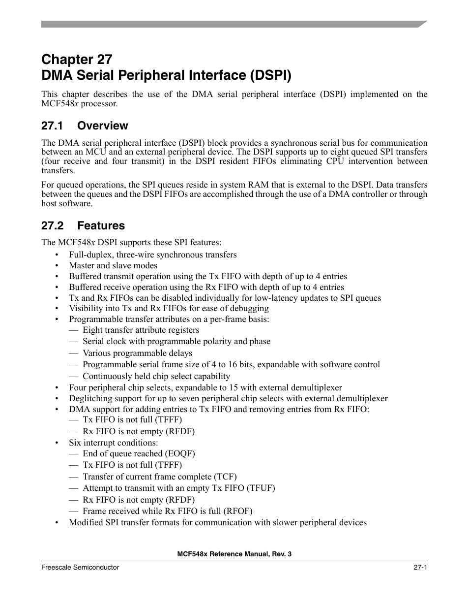 Chapter 27 dma serial peripheral interface (dspi), 1 overview, 2 features | Chapter 27, Dma serial peripheral interface (dspi), Overview -1, Features -1 | Freescale Semiconductor MCF5480 User Manual | Page 819 / 1032