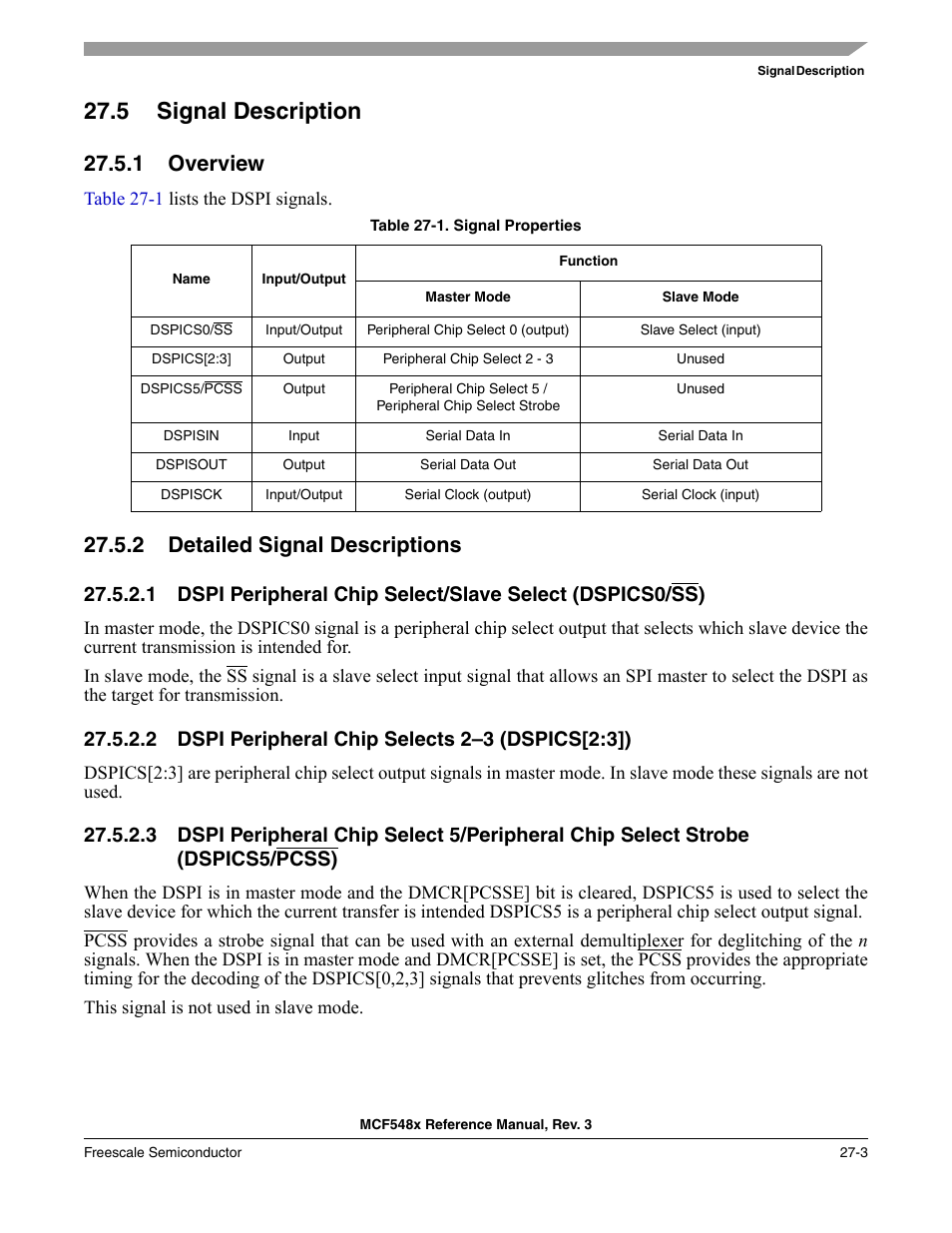 5 signal description, 1 overview, 2 detailed signal descriptions | 2 dspi peripheral chip selects 2-3 (dspics[2:3]), Signal description -3, Overview -3, Detailed signal descriptions -3, Dspi peripheral chip selects 2–3 (dspics[2:3]) -3 | Freescale Semiconductor MCF5480 User Manual | Page 821 / 1032