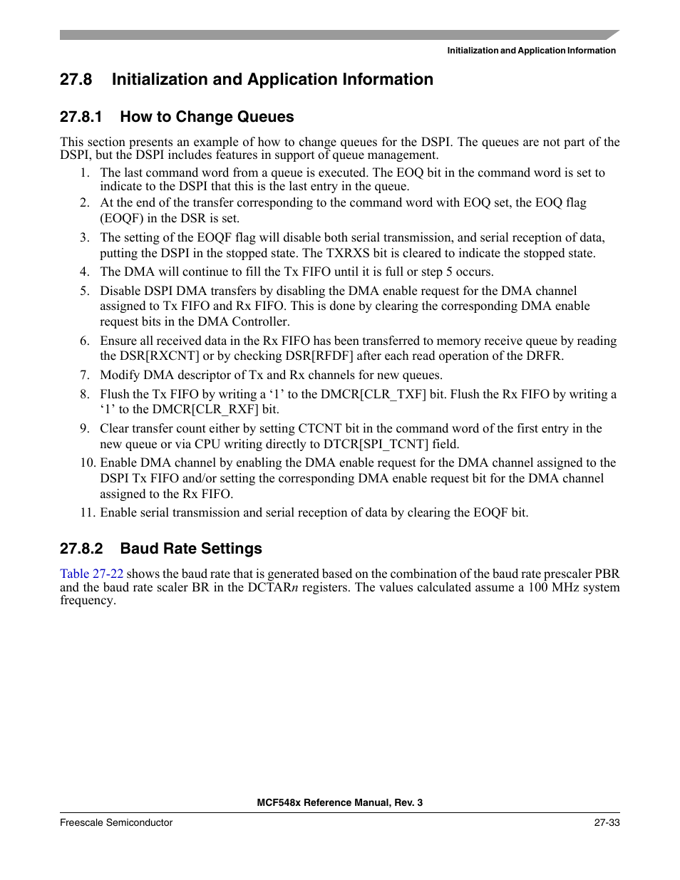 8 initialization and application information, 1 how to change queues, 2 baud rate settings | Initialization and application information -33, How to change queues -33, Baud rate settings -33 | Freescale Semiconductor MCF5480 User Manual | Page 851 / 1032