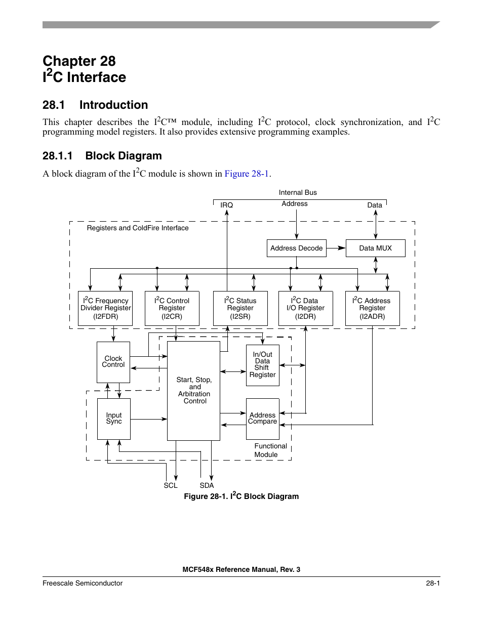 Chapter 28 i2c interface, 1 introduction, 1 block diagram | Introduction -1, Block diagram -1, Chapter 28, “i2c interface, Chapter 28, “i2c, Interface, Chapter 28 i, C interface | Freescale Semiconductor MCF5480 User Manual | Page 855 / 1032