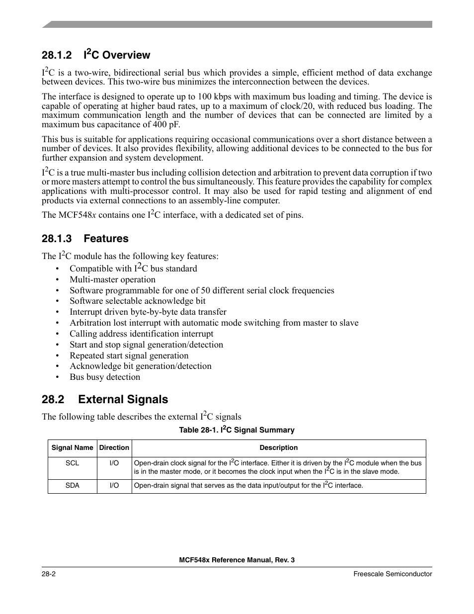 2 i2c overview, 3 features, 2 external signals | I2c overview -2, Features -2, External signals -2, C overview | Freescale Semiconductor MCF5480 User Manual | Page 856 / 1032