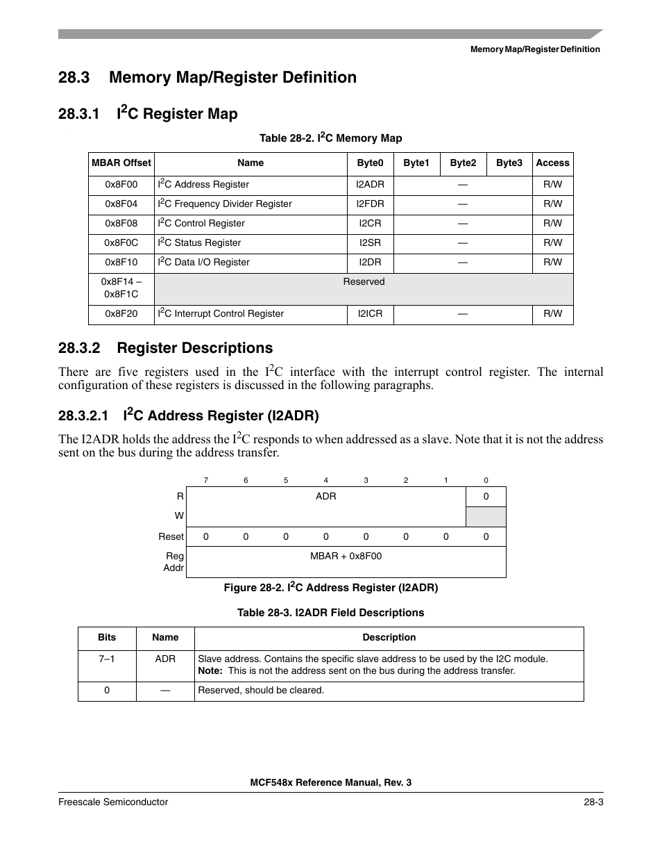 3 memory map/register definition, 1 i2c register map, 2 register descriptions | 1 i2c address register (i2adr), Memory map/register definition -3, I2c register map -3, Register descriptions -3, C register map, C address register (i2adr), There are five registers used in the i | Freescale Semiconductor MCF5480 User Manual | Page 857 / 1032