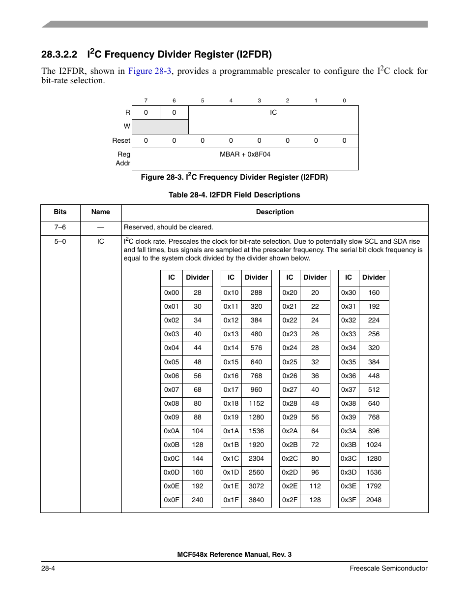 2 i2c frequency divider register (i2fdr), C frequency divider register (i2fdr), C clock for bit-rate selection | Freescale Semiconductor MCF5480 User Manual | Page 858 / 1032