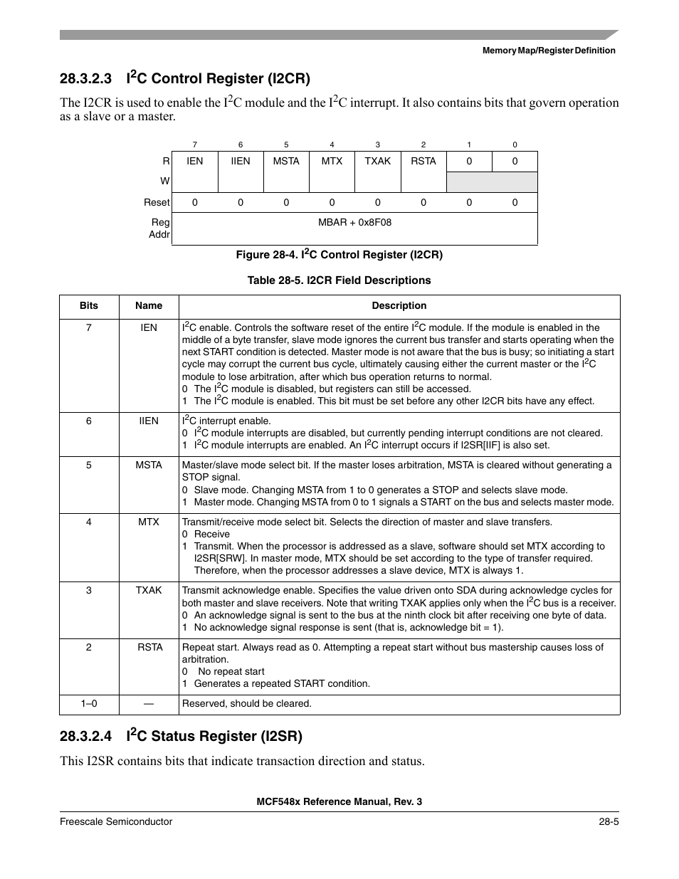 3 i2c control register (i2cr), 4 i2c status register (i2sr), C control register (i2cr) | C status register (i2sr), The i2cr is used to enable the i, C module and the i | Freescale Semiconductor MCF5480 User Manual | Page 859 / 1032