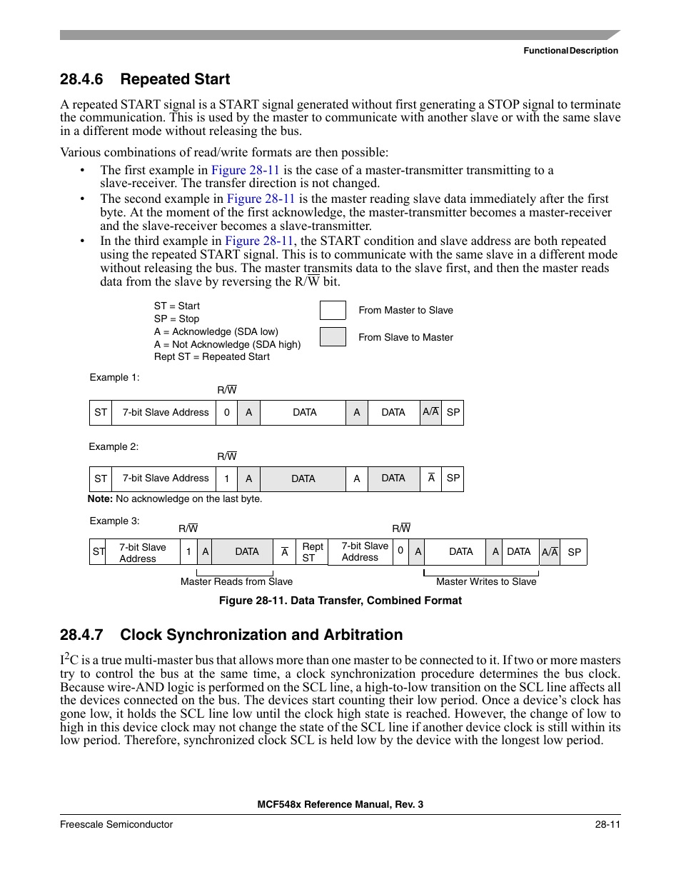 6 repeated start, 7 clock synchronization and arbitration, Repeated start -11 | Clock synchronization and arbitration -11, Refer to, Section 28.4.6, “repeated start, Figure 28-11, To start a new | Freescale Semiconductor MCF5480 User Manual | Page 865 / 1032