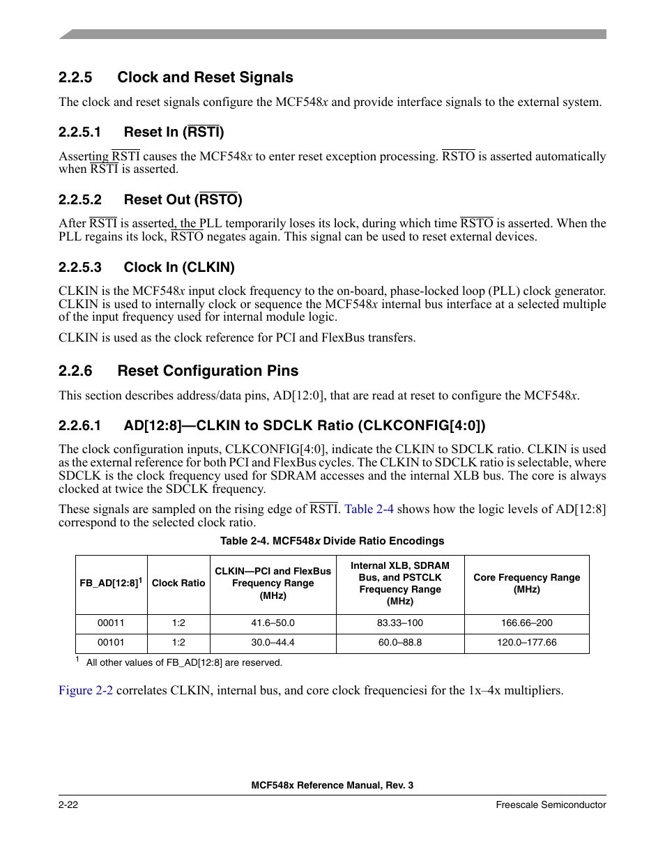 5 clock and reset signals, 1 reset in (rsti), 2 reset out (rsto) | 3 clock in (clkin), 6 reset configuration pins, 1 ad[12:8]-clkin to sdclk ratio (clkconfig[4:0]), Clock and reset signals -22, Reset in (rsti, Reset out (rst, Clock in (clkin) -22 | Freescale Semiconductor MCF5480 User Manual | Page 92 / 1032