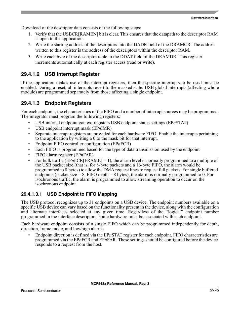2 usb interrupt register, 3 endpoint registers, 1 usb endpoint to fifo mapping | Usb interrupt register -49, Endpoint registers -49 | Freescale Semiconductor MCF5480 User Manual | Page 923 / 1032