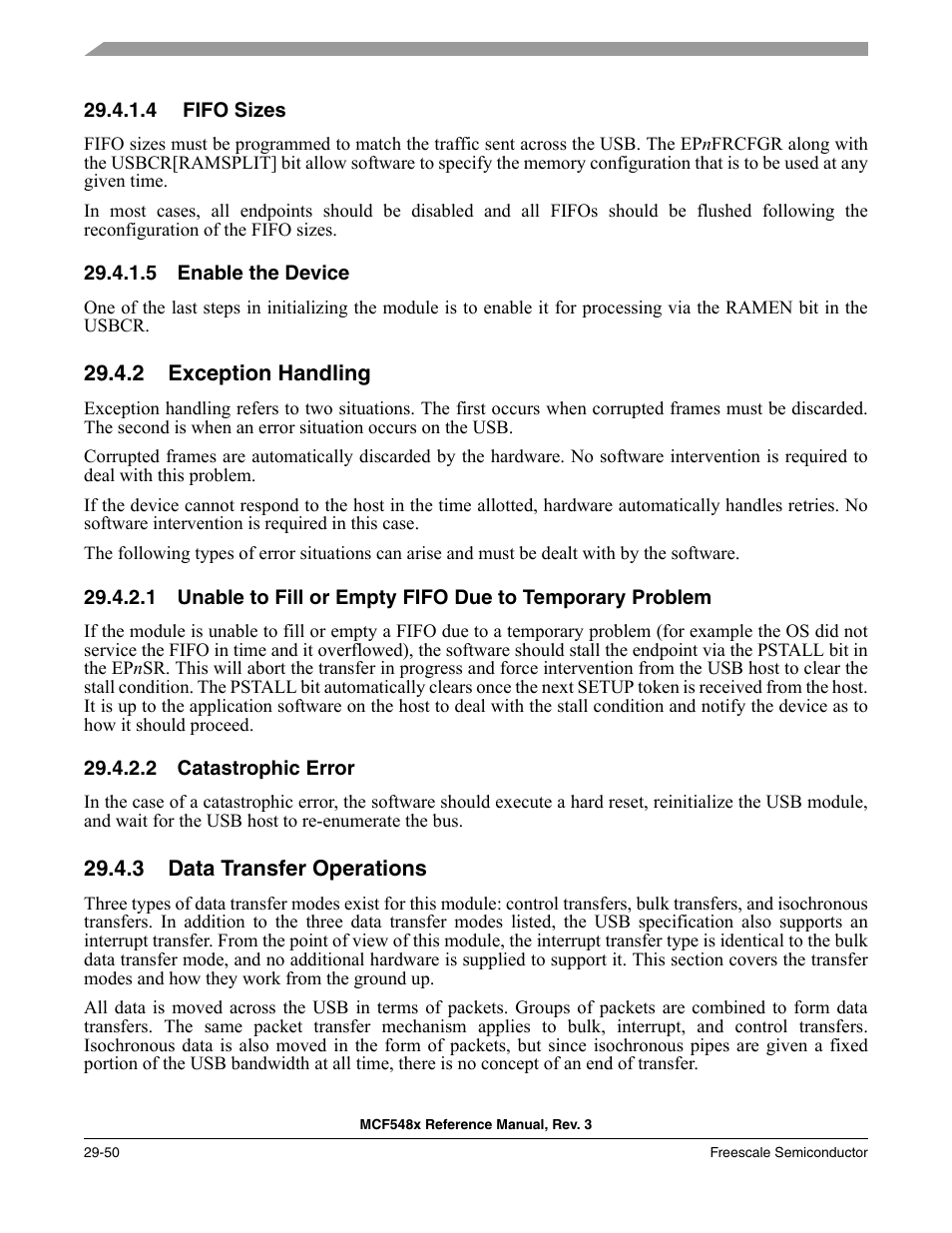 4 fifo sizes, 5 enable the device, 2 exception handling | 2 catastrophic error, 3 data transfer operations, Fifo sizes -50, Enable the device -50, Exception handling -50, Catastrophic error -50, Data transfer operations -50 | Freescale Semiconductor MCF5480 User Manual | Page 924 / 1032