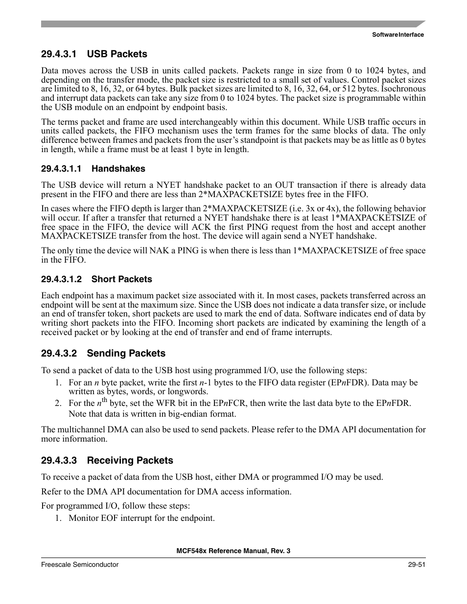 1 usb packets, 1 handshakes, 2 short packets | 2 sending packets, 3 receiving packets, Usb packets -51, Sending packets -51, Receiving packets -51 | Freescale Semiconductor MCF5480 User Manual | Page 925 / 1032