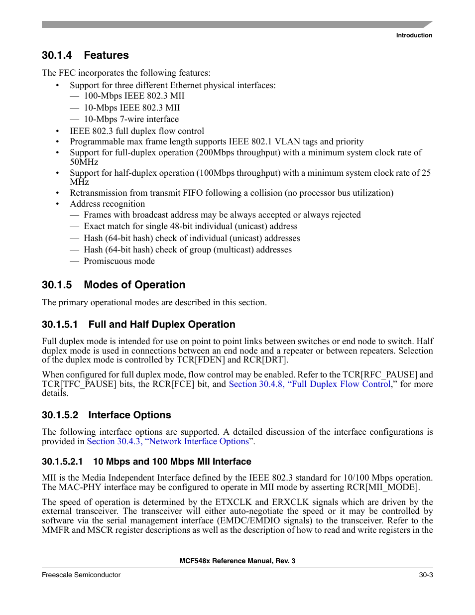 4 features, 5 modes of operation, 1 full and half duplex operation | 2 interface options, 1 10 mbps and 100 mbps mii interface, Features -3, Modes of operation -3, Full and half duplex operation -3, Interface options -3 | Freescale Semiconductor MCF5480 User Manual | Page 933 / 1032