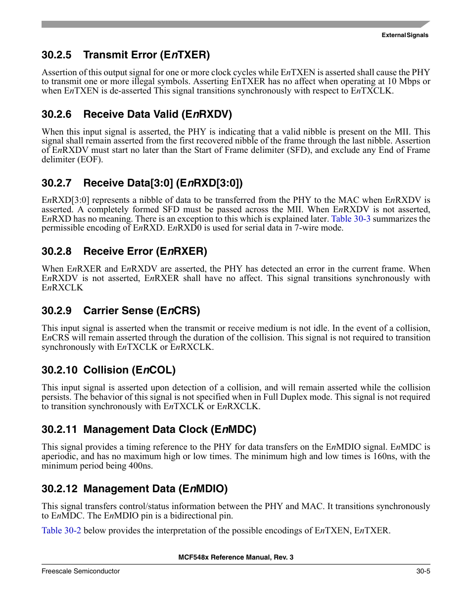 5 transmit error (entxer), 6 receive data valid (enrxdv), 7 receive data[3:0] (enrxd[3:0]) | 8 receive error (enrxer), 9 carrier sense (encrs), 10 collision (encol), 11 management data clock (enmdc), 12 management data (enmdio), Transmit error (entxer) -5, Receive data valid (enrxdv) -5 | Freescale Semiconductor MCF5480 User Manual | Page 935 / 1032