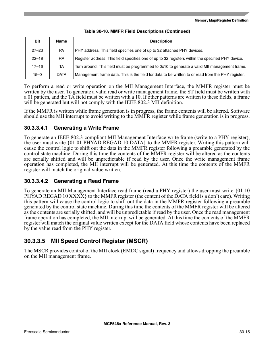 1 generating a write frame, 2 generating a read frame, 5 mii speed control register (mscr) | Mii speed control register (mscr) -15 | Freescale Semiconductor MCF5480 User Manual | Page 945 / 1032