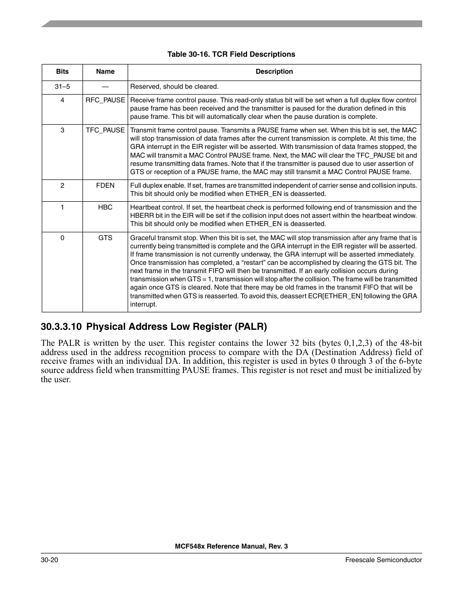 10 physical address low register (palr), Physical address low register (palr) -20 | Freescale Semiconductor MCF5480 User Manual | Page 950 / 1032