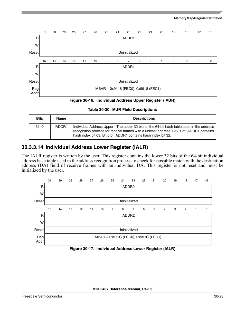 14 individual address lower register (ialr), Individual address lower register (ialr) -23 | Freescale Semiconductor MCF5480 User Manual | Page 953 / 1032