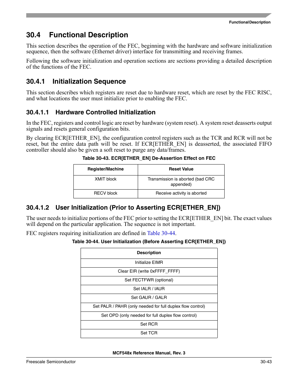4 functional description, 1 initialization sequence, 1 hardware controlled initialization | Functional description -43, Initialization sequence -43, Hardware controlled initialization -43 | Freescale Semiconductor MCF5480 User Manual | Page 973 / 1032