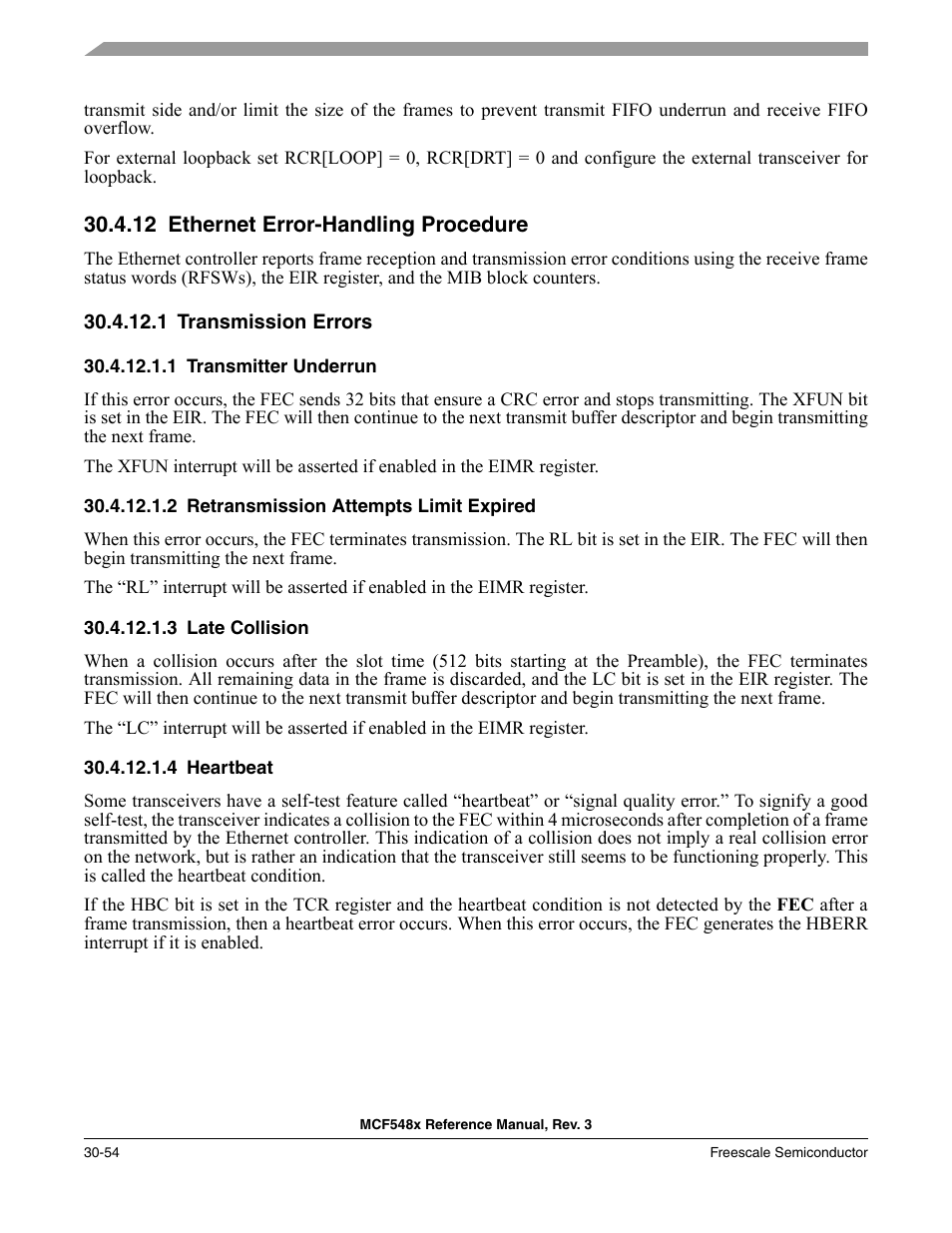 12 ethernet error-handling procedure, 1 transmission errors, 1 transmitter underrun | 2 retransmission attempts limit expired, 3 late collision, 4 heartbeat, Ethernet error-handling procedure -54, Transmission errors -54 | Freescale Semiconductor MCF5480 User Manual | Page 984 / 1032