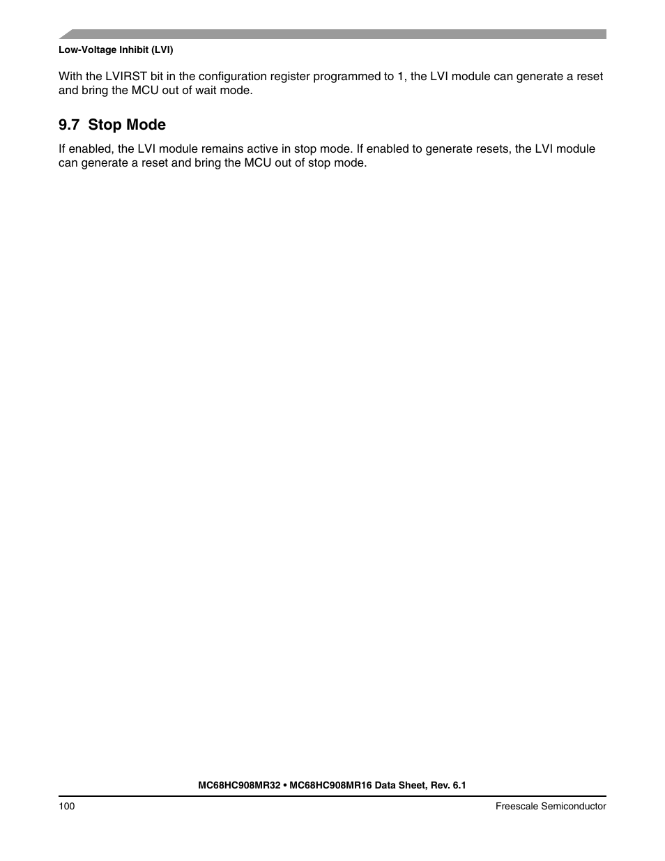 7 stop mode, Stop mode | Freescale Semiconductor MC68HC908MR32 User Manual | Page 100 / 282