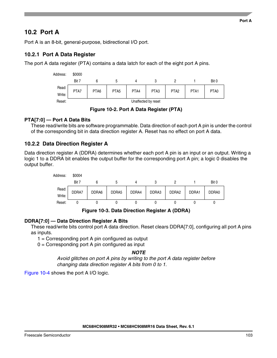 2 port a, 1 port a data register, 2 data direction register a | Port a, Port a data register, Data direction register a | Freescale Semiconductor MC68HC908MR32 User Manual | Page 103 / 282