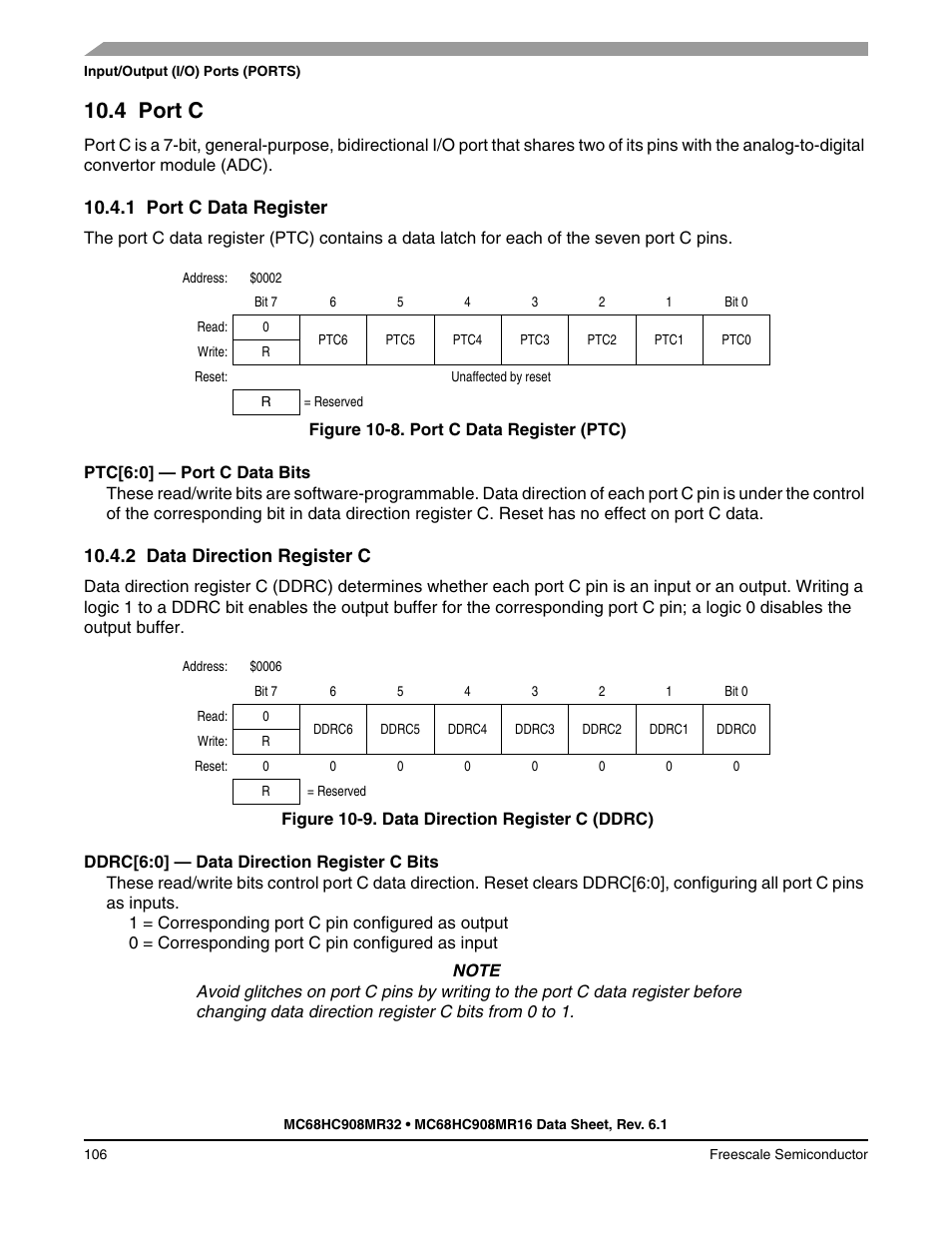 4 port c, 1 port c data register, 2 data direction register c | Port c, Port c data register, Data direction register c | Freescale Semiconductor MC68HC908MR32 User Manual | Page 106 / 282