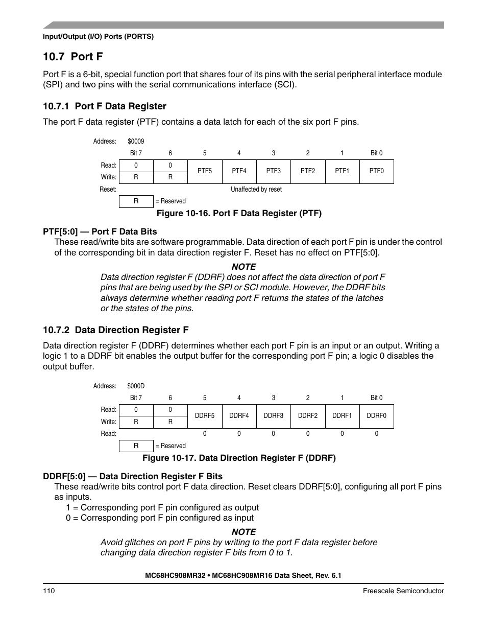 7 port f, 1 port f data register, 2 data direction register f | Port f, Port f data register, Data direction register f | Freescale Semiconductor MC68HC908MR32 User Manual | Page 110 / 282