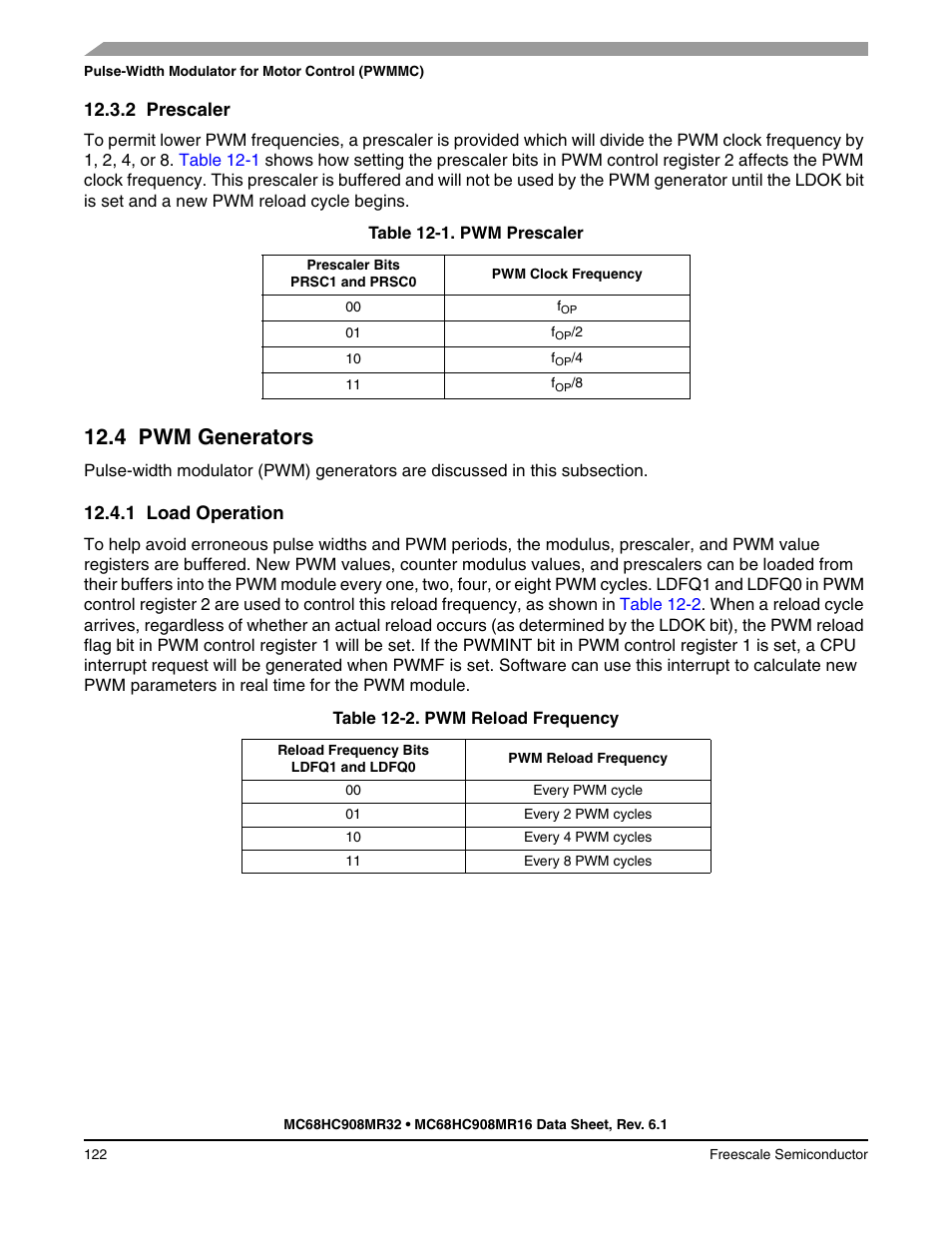 2 prescaler, 4 pwm generators, 1 load operation | Prescaler, Pwm generators, Load operation | Freescale Semiconductor MC68HC908MR32 User Manual | Page 122 / 282