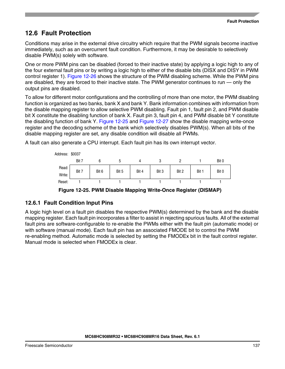 6 fault protection, 1 fault condition input pins, Fault protection | Fault condition input pins | Freescale Semiconductor MC68HC908MR32 User Manual | Page 137 / 282