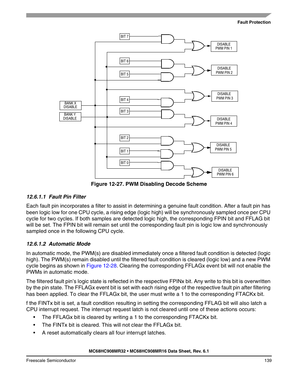 1 fault pin filter, 2 automatic mode, Fault pin filter | Automatic mode, Figure 12-27, Show the | Freescale Semiconductor MC68HC908MR32 User Manual | Page 139 / 282