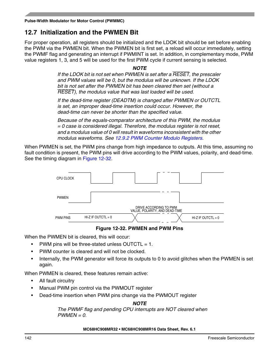 7 initialization and the pwmen bit, Initialization and the pwmen bit | Freescale Semiconductor MC68HC908MR32 User Manual | Page 142 / 282