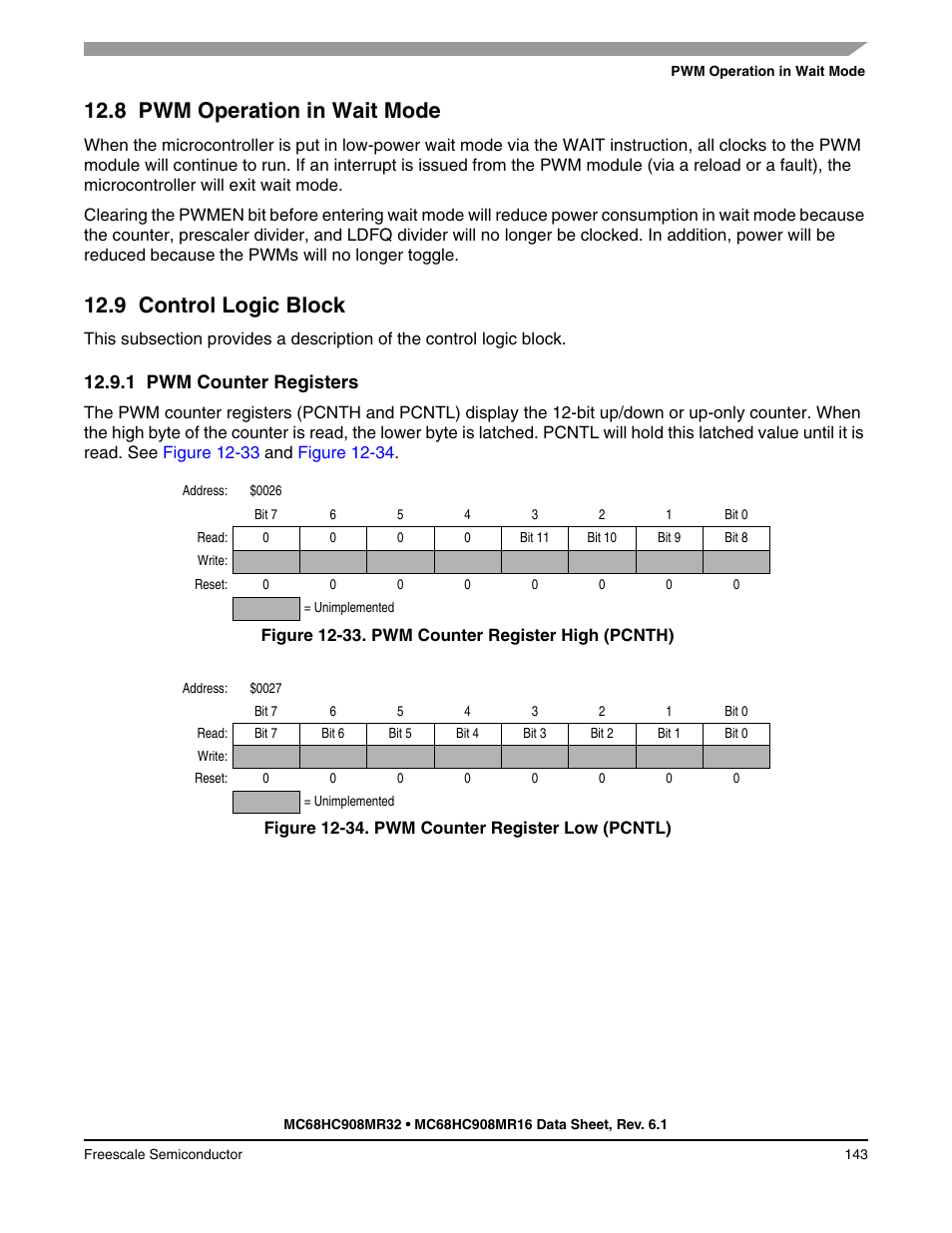 8 pwm operation in wait mode, 9 control logic block, 1 pwm counter registers | Pwm operation in wait mode, Control logic block, Pwm counter registers | Freescale Semiconductor MC68HC908MR32 User Manual | Page 143 / 282