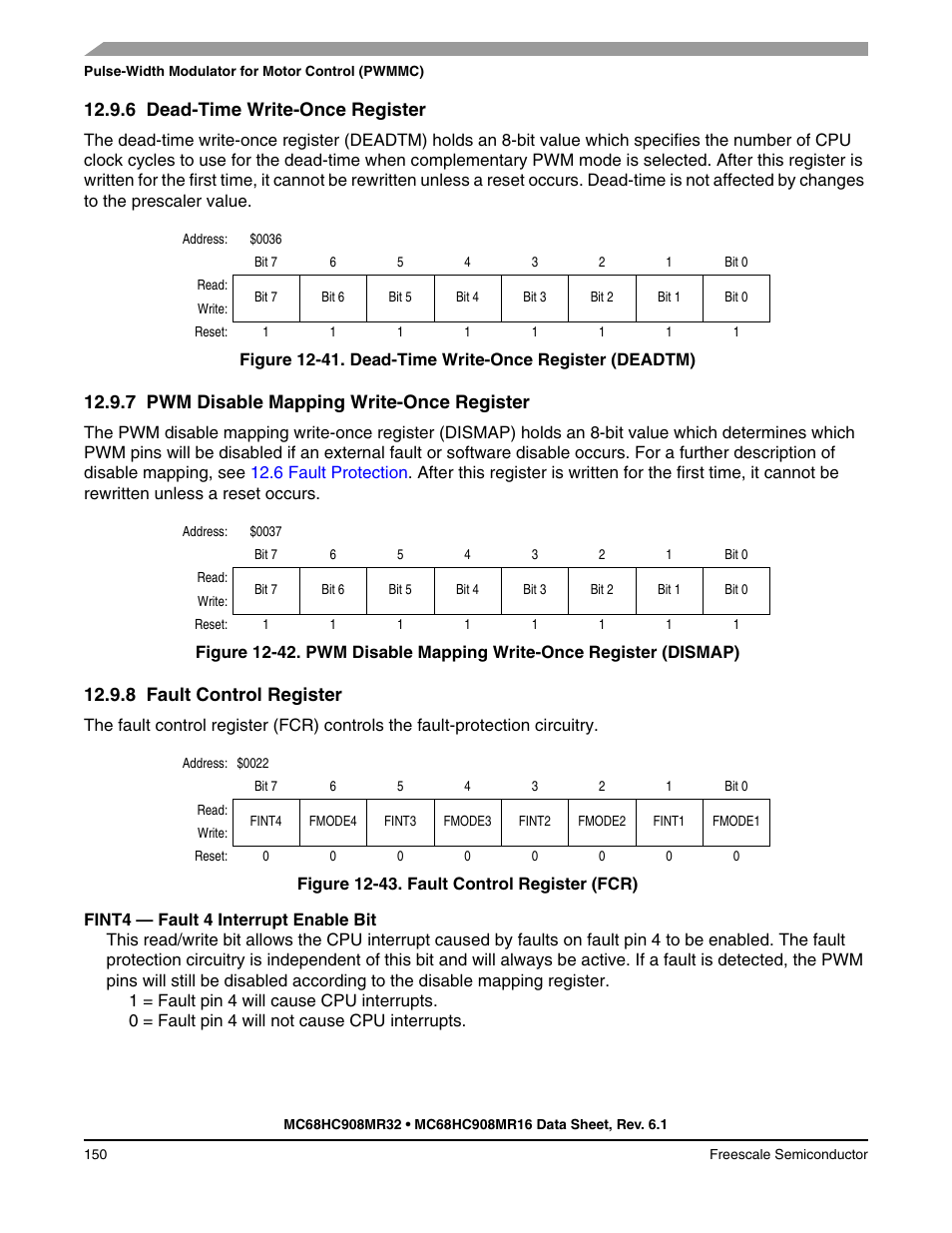 6 dead-time write-once register, 7 pwm disable mapping write-once register, 8 fault control register | Dead-time write-once register, Pwm disable mapping write-once register, Fault control register, Dismap) | Freescale Semiconductor MC68HC908MR32 User Manual | Page 150 / 282